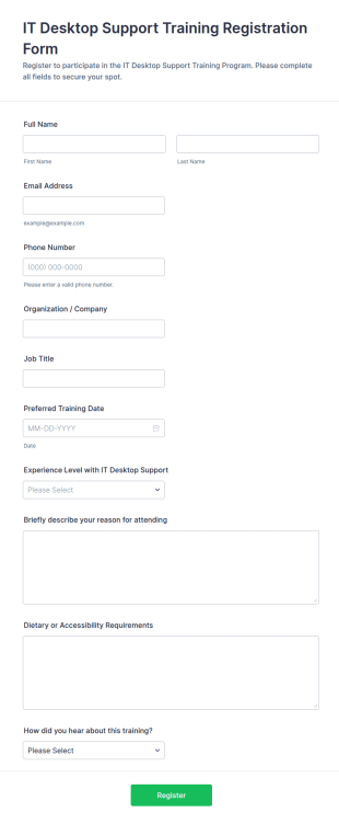 IT Desktop Support Training Registration Form Template