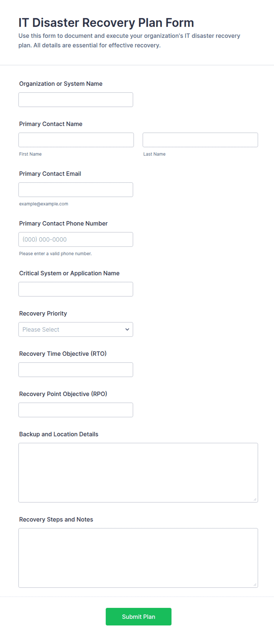 IT Disaster Recovery Plan Form Template | Jotform