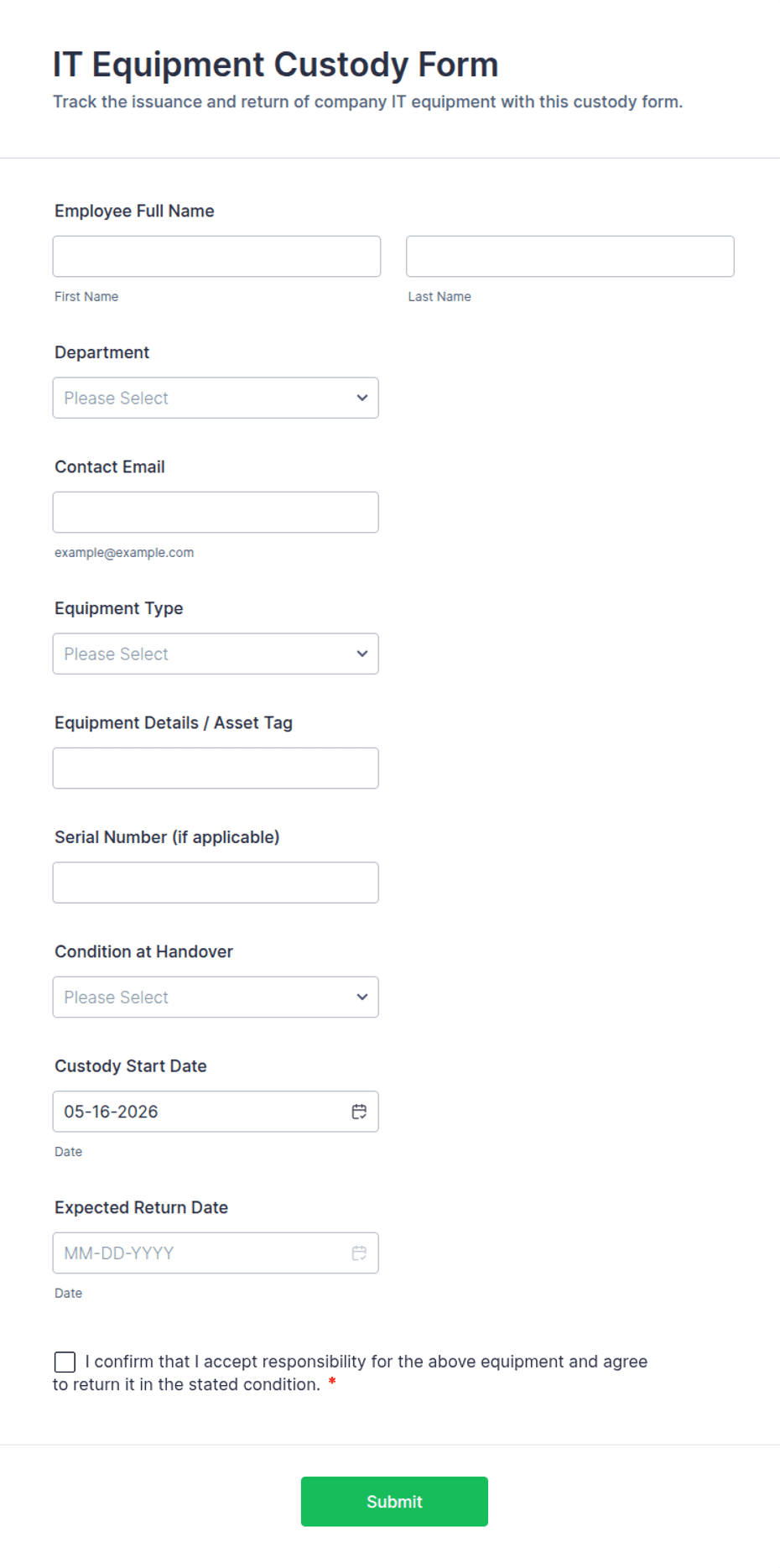 Computer Custody Form IT Equipment Custody Form Template | Jotform