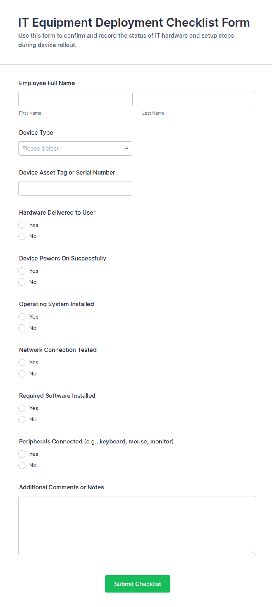 Computer Deployment Form IT Equipment Deployment Checklist Form Template | Jotform