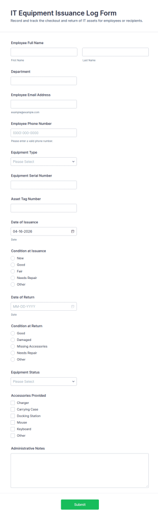 IT Equipment Issuance Log Form Template