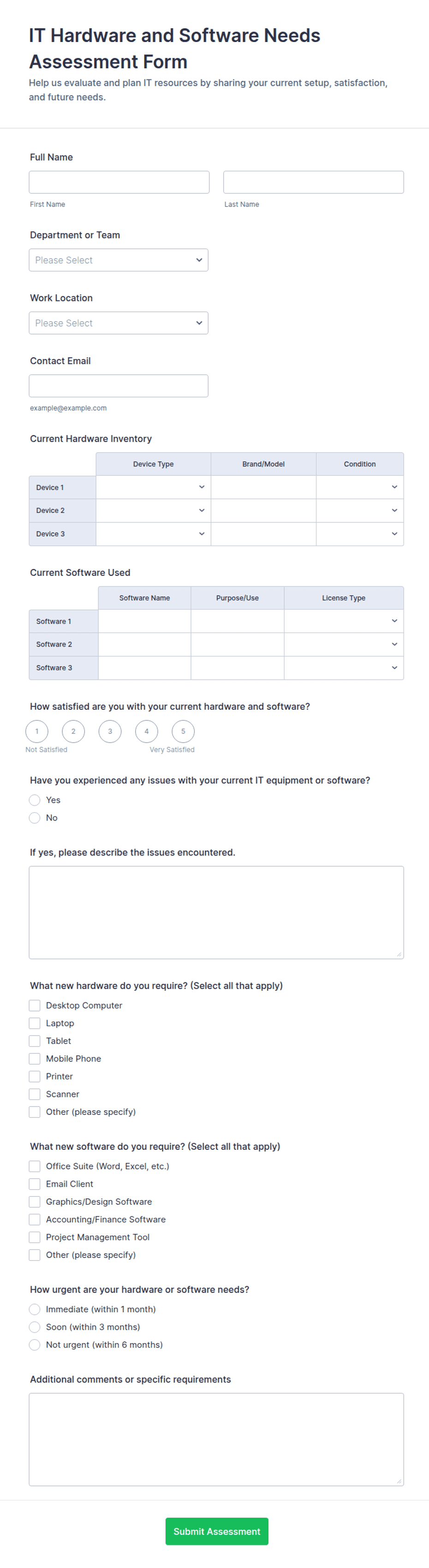 IT Hardware and Software Needs Assessment Form Template | Jotform