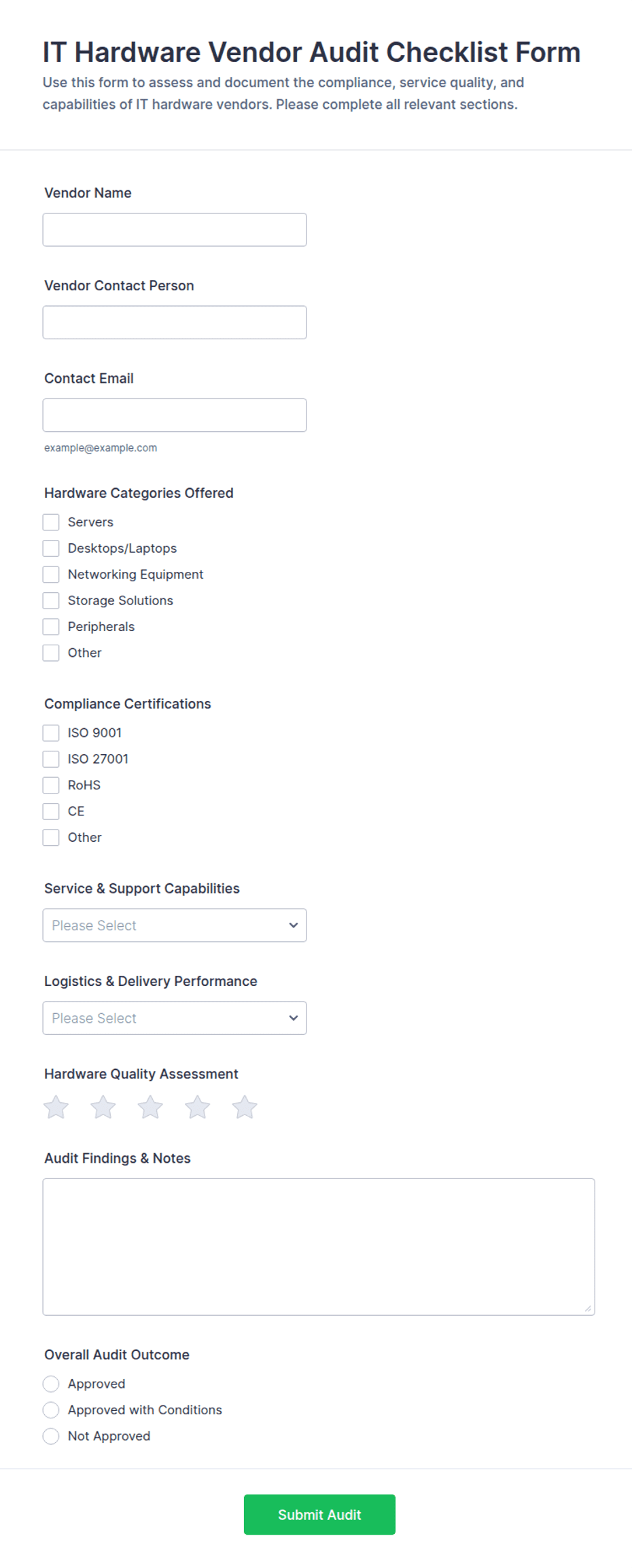 IT Hardware Vendor Audit Checklist Form Template | Jotform