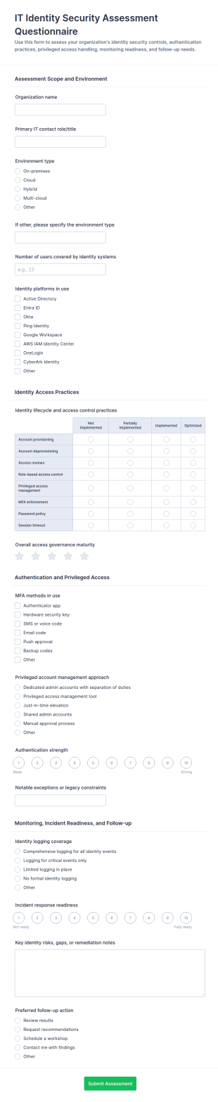 IT Identity Security Assessment Questionnaire Form Template