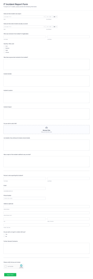 IT Incident Report Form Template