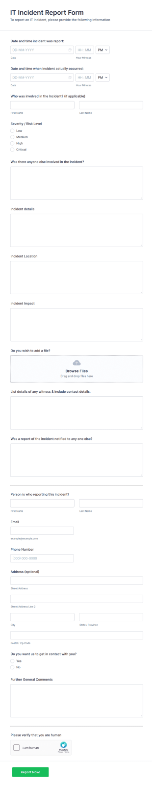IT Incident Report Form Template