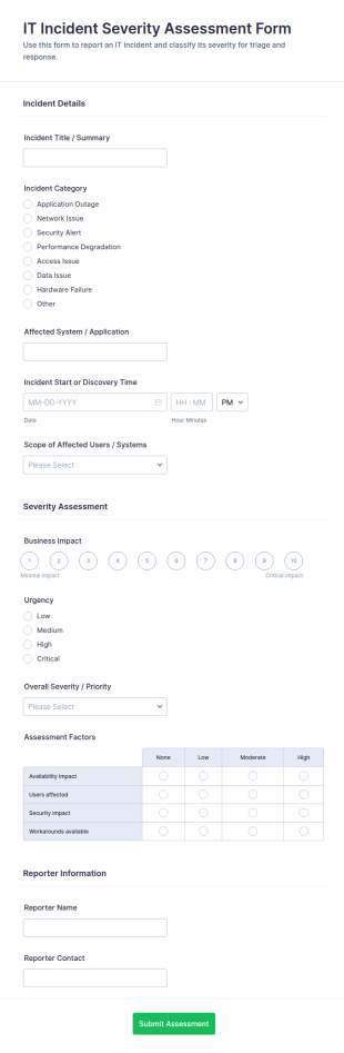 IT Incident Severity Assessment Form Template