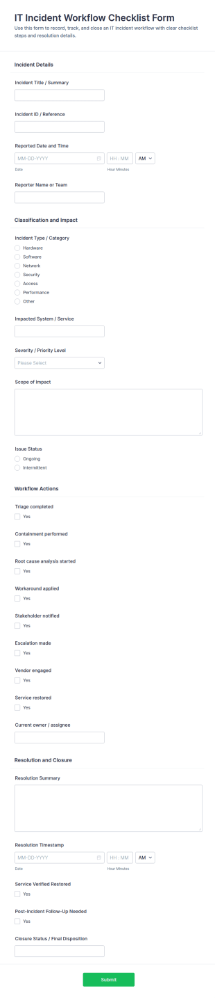 IT Incident Workflow Checklist Form Template