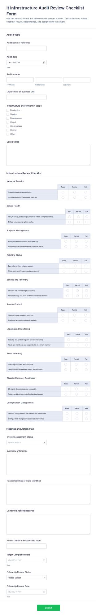It Infrastructure Audit Review Checklist Form Template