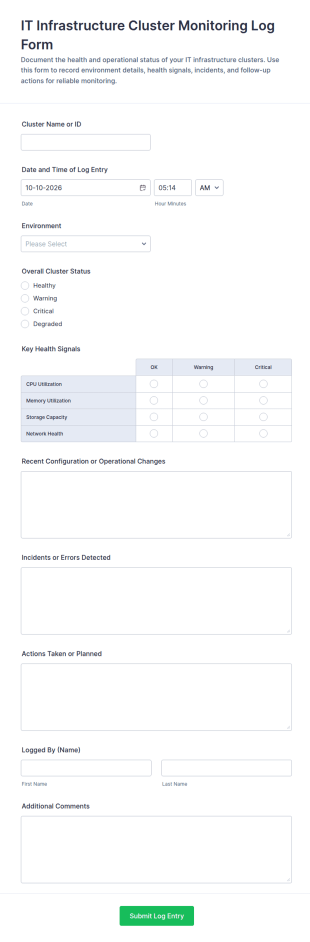 IT Infrastructure Cluster Monitoring Log Form Template