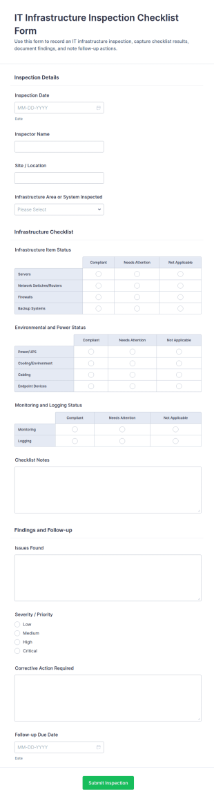 IT Infrastructure Inspection Checklist Form Template