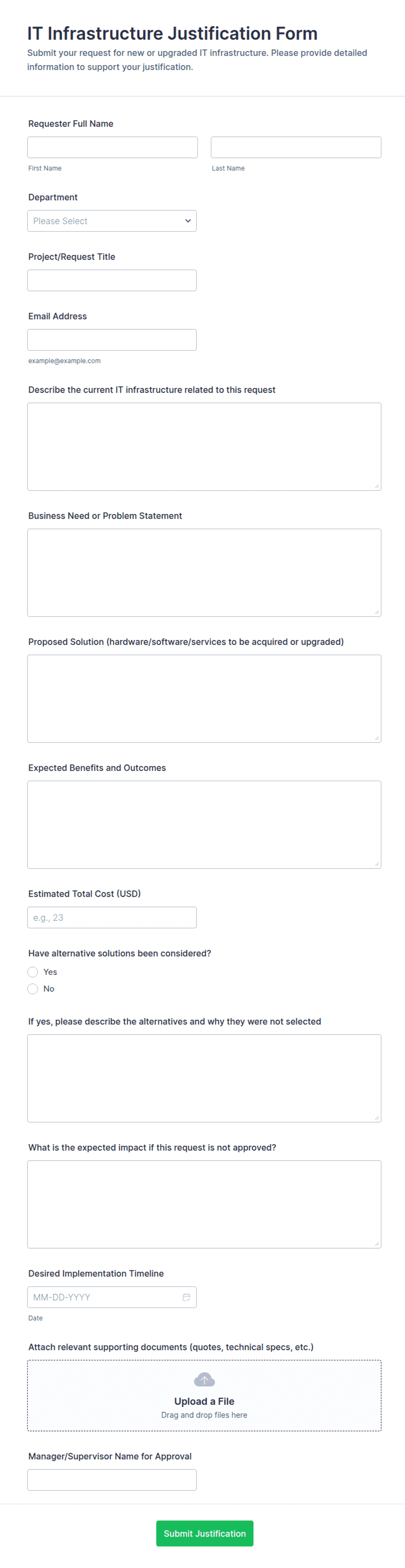 IT Infrastructure Justification Form Template | Jotform