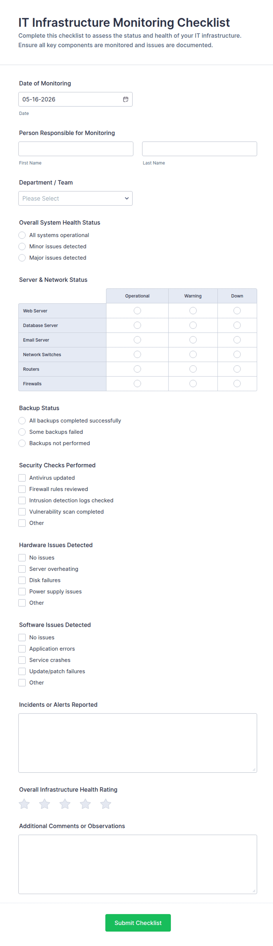 IT Infrastructure Monitoring Checklist 🖥️🔧📊 Form Template | Jotform