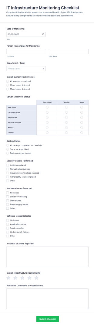 IT Infrastructure Monitoring Checklist 🖥️🔧📊 Form Template
