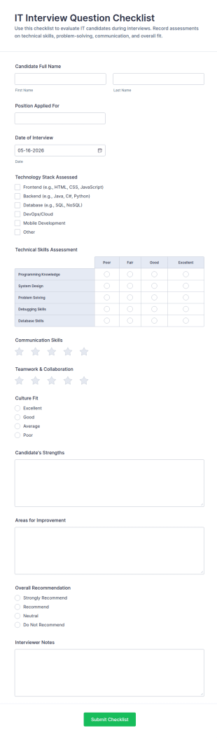 IT Interview Question Checklist Form Template