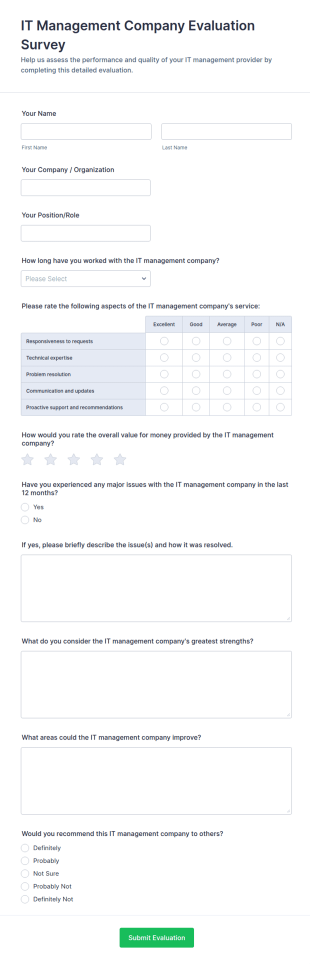 IT Management Company Evaluation Survey Form Template