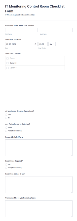 IT Monitoring Control Room Checklist Form Template