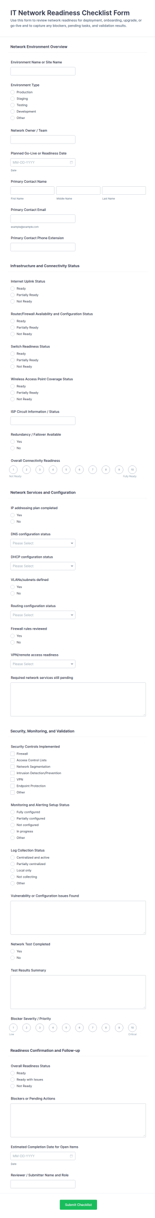 IT Network Readiness Checklist Form Template