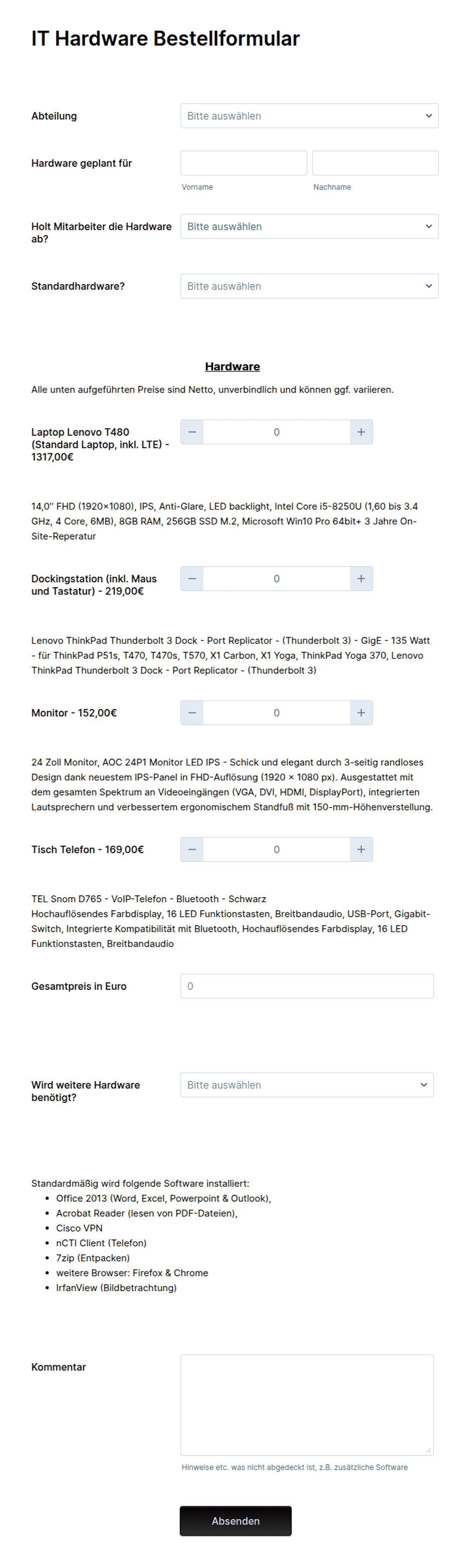 IT Hardware Bestellformular Formularvorlage | Jotform