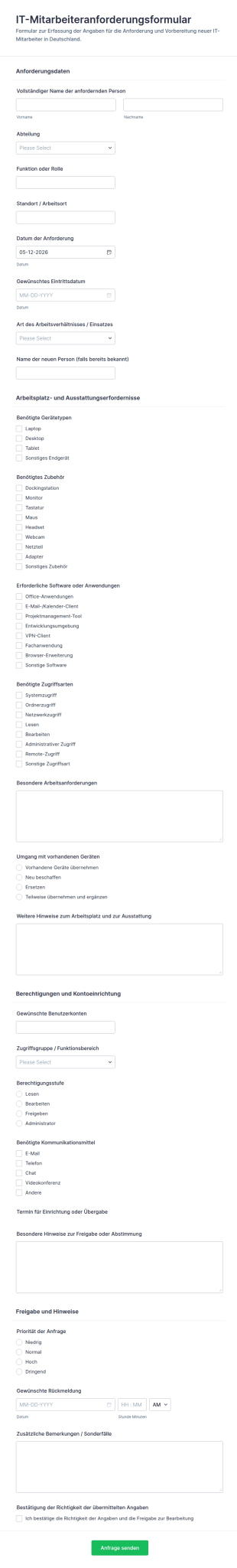 IT Neuer Mitarbeitereinsatz Antragsformular