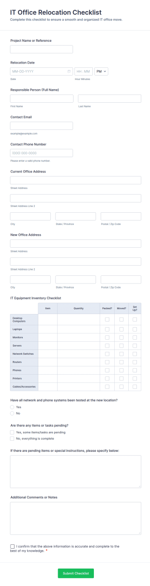 IT Office Relocation Checklist Form Template