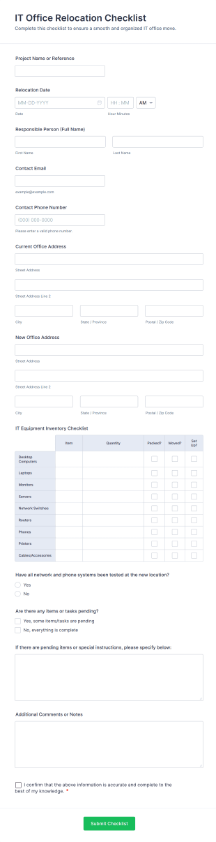IT Office Relocation Checklist Form Template