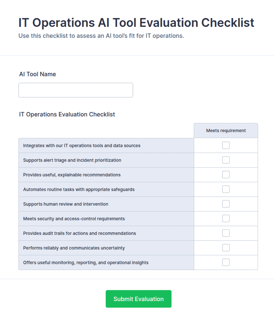 IT Operations AI Tool Evaluation Checklist Form Template | Jotform