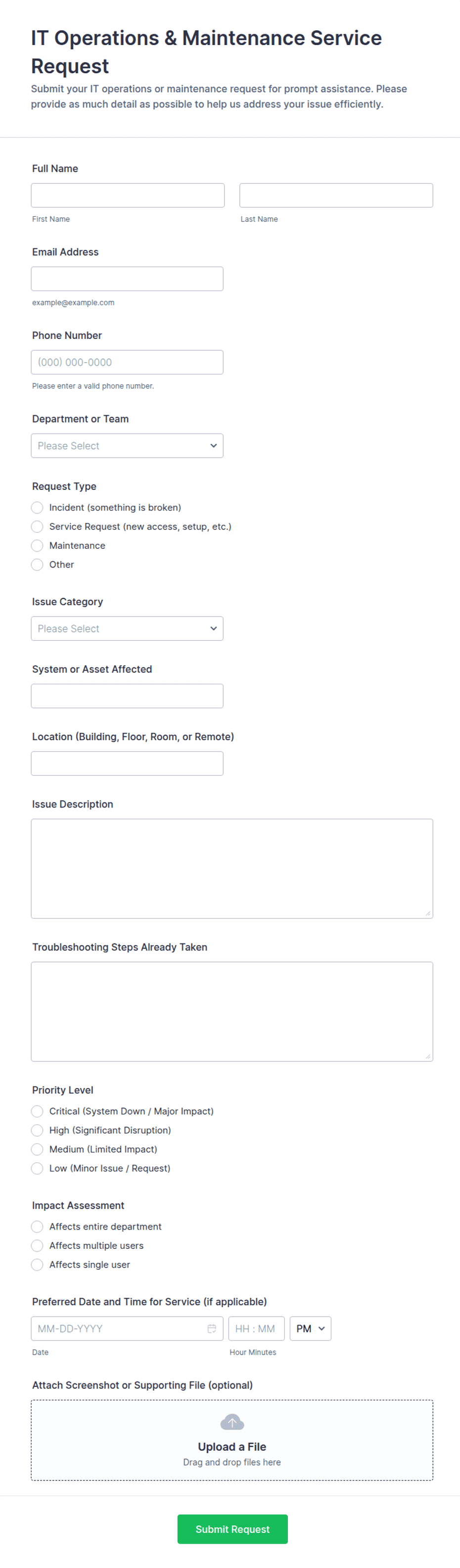Fixed Operations Service Form IT Operations & Maintenance Service Request Form Template | Jotform