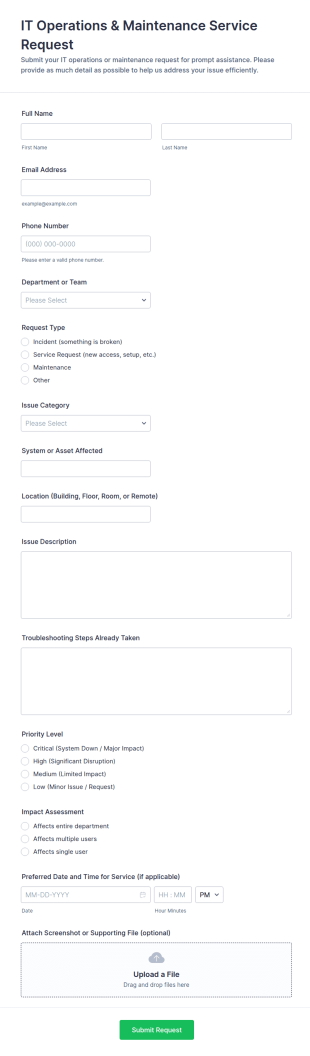 IT Operations & Maintenance Service Request Form Template