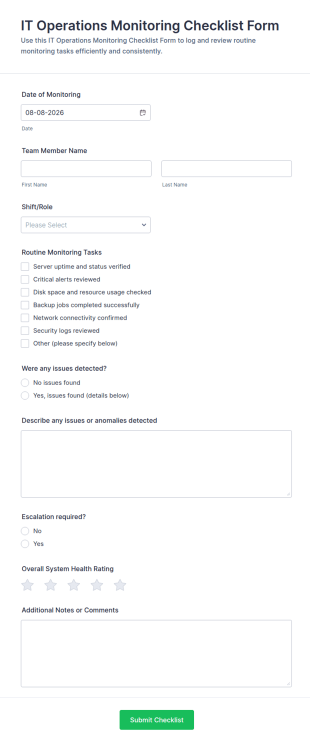 IT Operations Monitoring Checklist Form Template