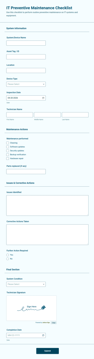 IT Preventive Maintenance Checklist Form Template