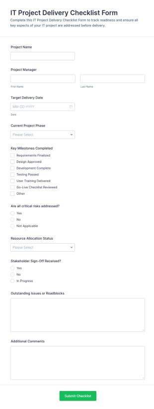IT Project Delivery Checklist Form Template