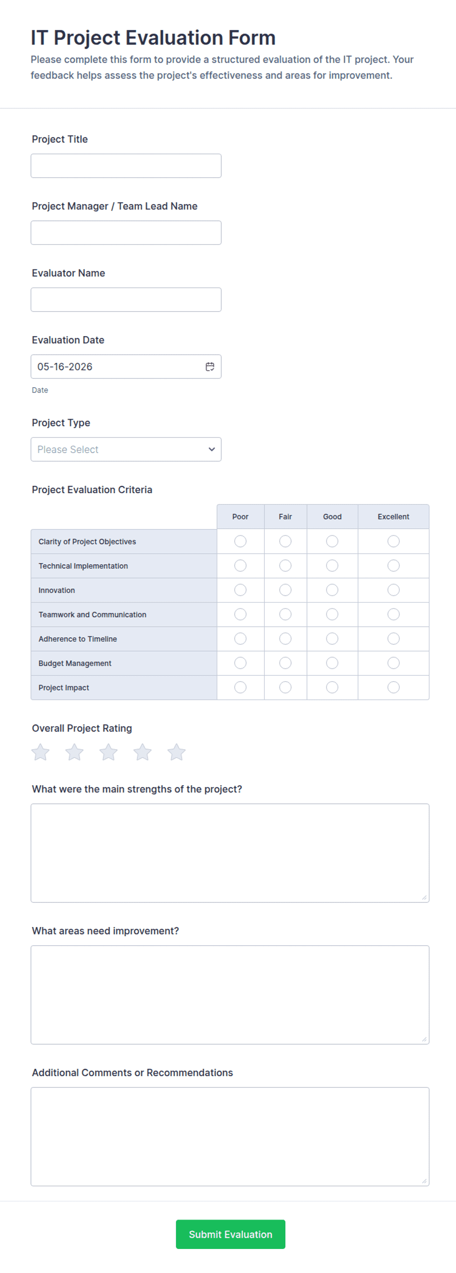 Software Evaluation Form Example IT Project Evaluation Form Template | Jotform