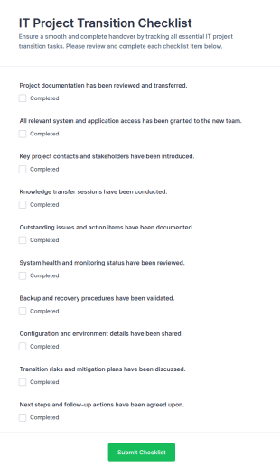 IT Project Transition Checklist Form Template