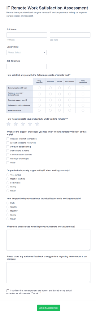 IT Remote Work Satisfaction Assessment Form Template