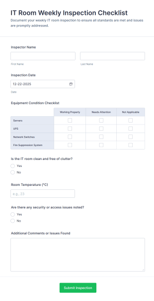 IT Room Weekly Inspection Checklist Form Template