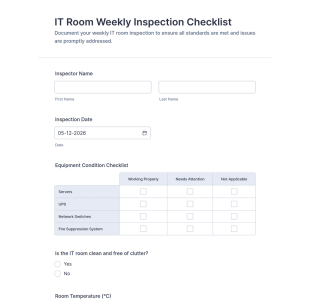 IT Room Weekly Inspection Checklist Form Template