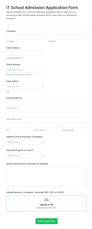 IT School Admission Application Form Template