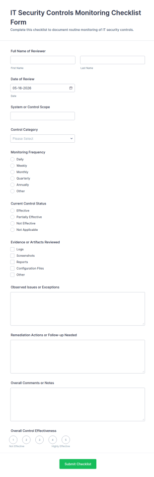 IT Security Controls Monitoring Checklist Form Template