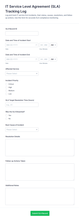 IT Service Level Agreement Tracking Log Form Template