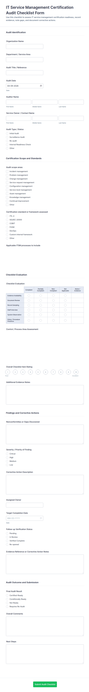 IT Service Management Certification Audit Checklist Form Template