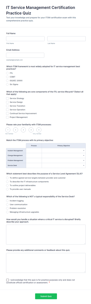 IT Service Management Certification Practice Quiz Form Template