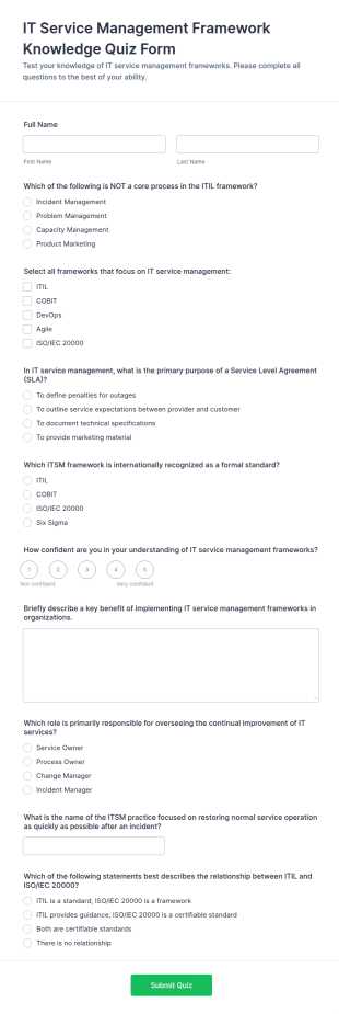 IT Service Management Framework Knowledge Quiz Form Template