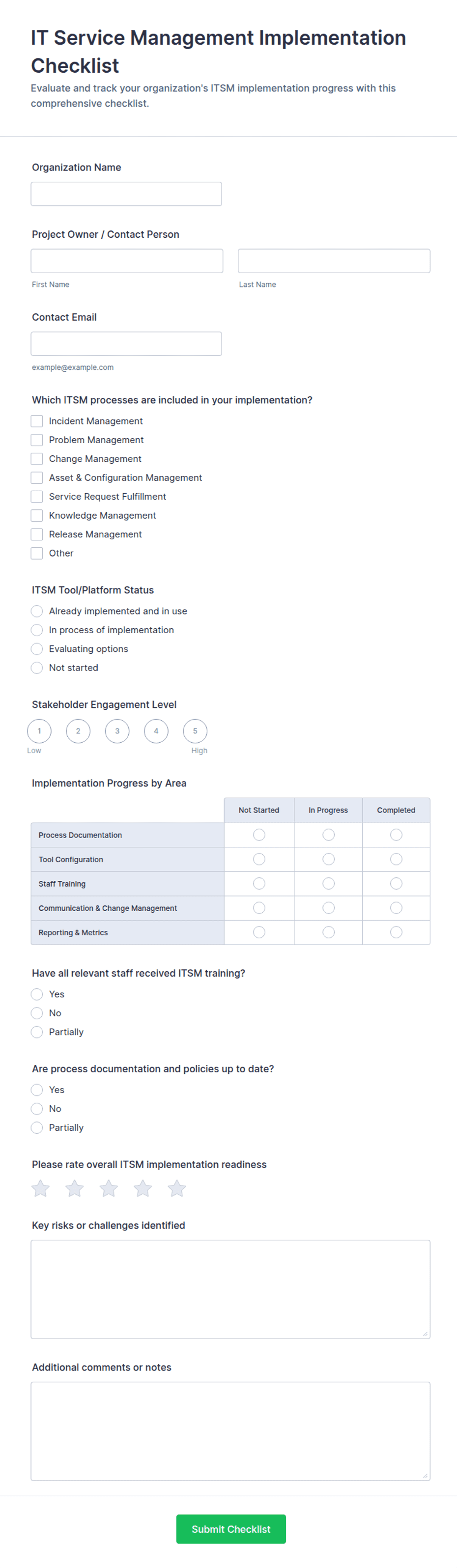 Implementation Service Form IT Service Management Implementation Checklist Form Template | Jotform