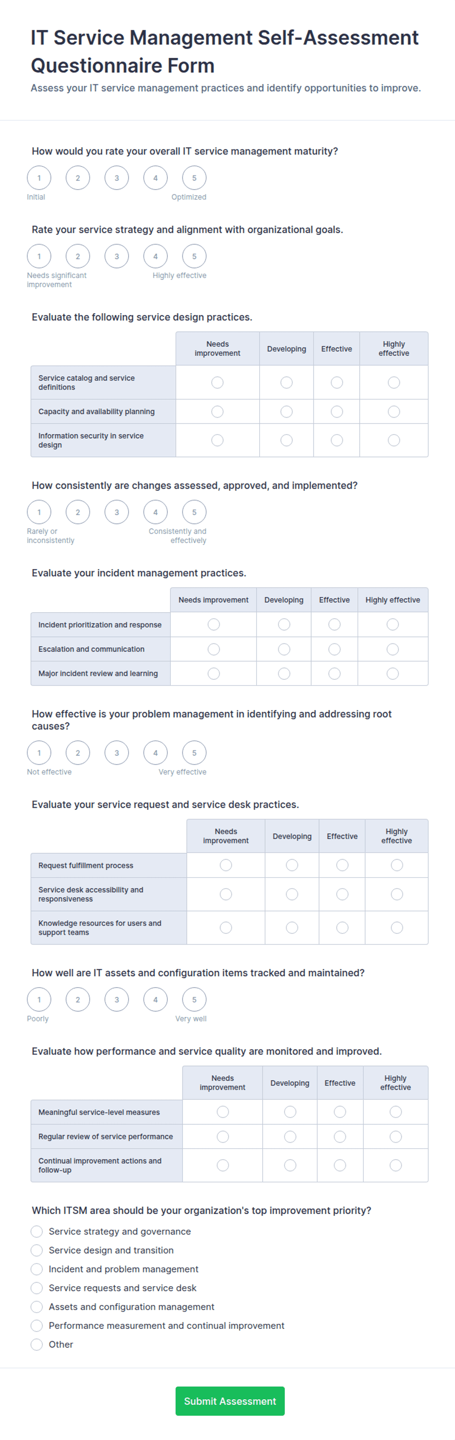 IT Service Management Self-Assessment Questionnaire Form Template | Jotform