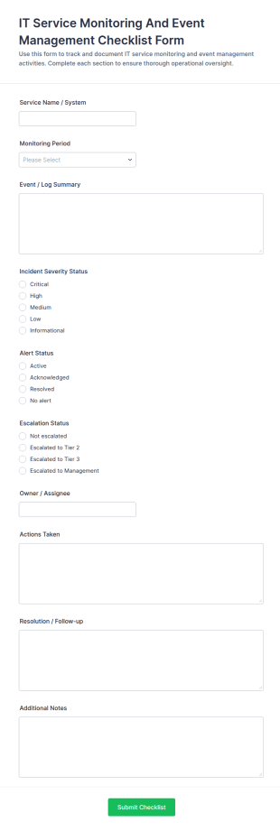 IT Service Monitoring And Event Management Checklist Form Template