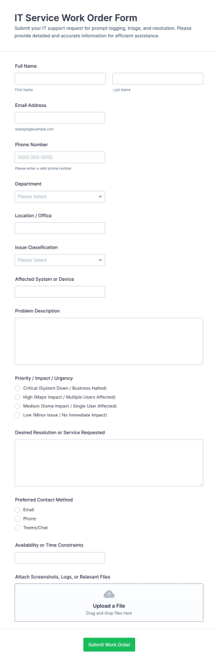 IT Service Work Order Form Template