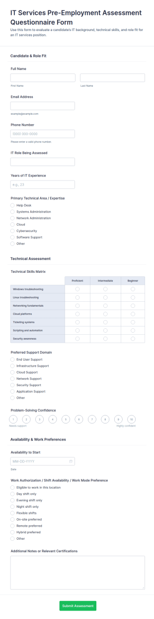 IT Services Pre Employment Assessment Questionnaire Form Template