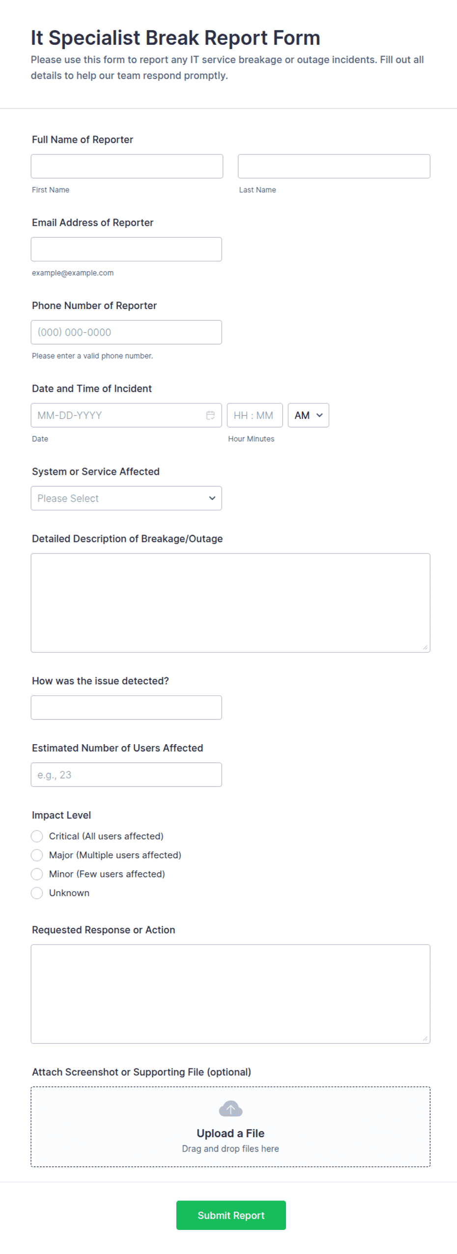 It Specialist Break Report Form Template | Jotform