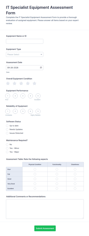 IT Specialist Equipment Assessment Form Template